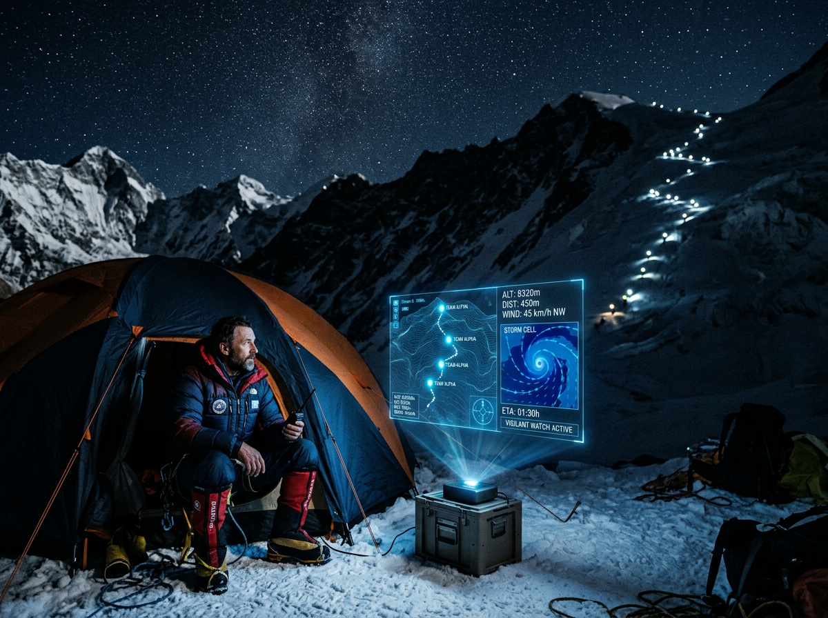Guide watching climbers ascend Everest at night with a holographic radar detecting an approaching storm