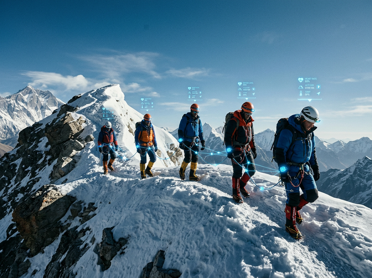 Roped team of climbers on an Everest ridge, each connected by a glowing digital network
