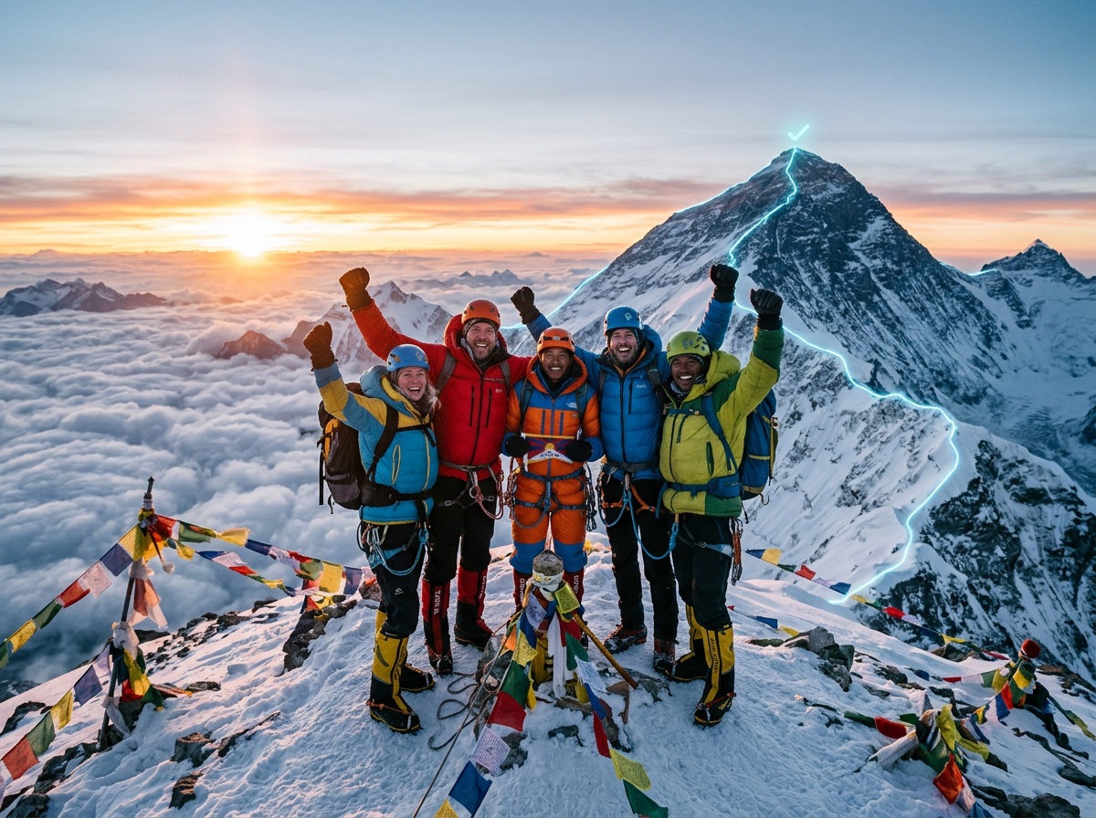 Team of climbers celebrating success on the Everest summit at sunrise